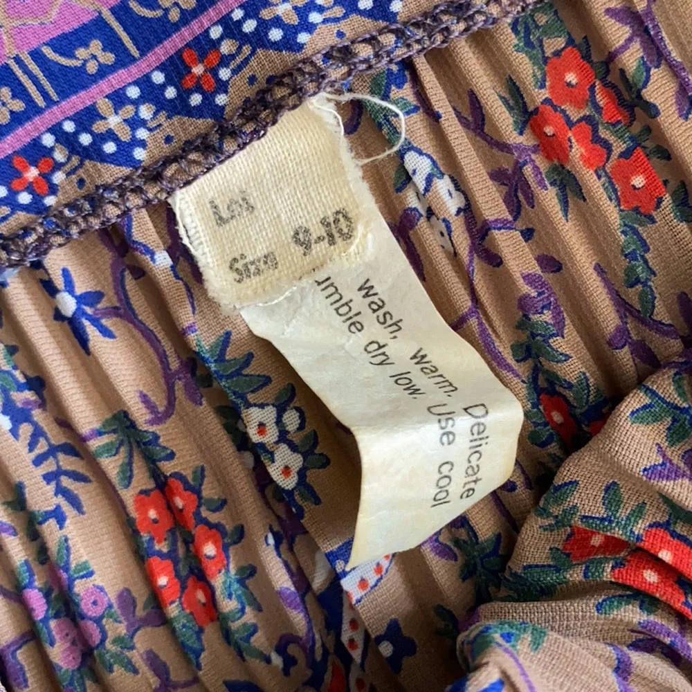 Vintage | Puff Sleeve Accordion Pleat Drop Waist Midi Dress Blue Floral Boho - Picture 11 of 16